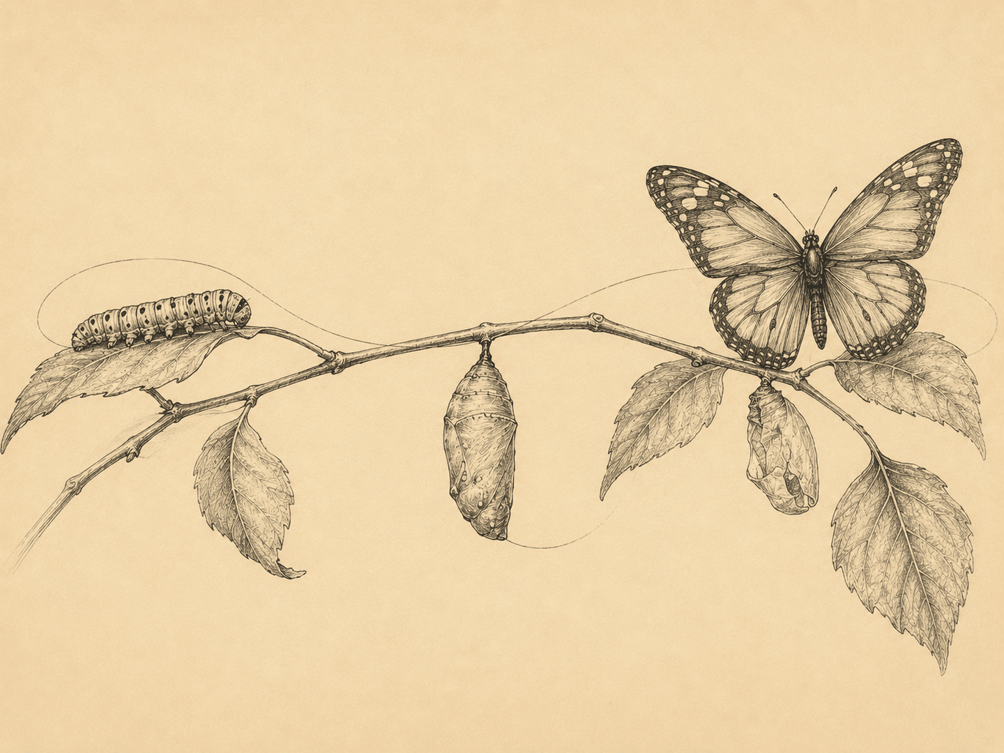 Caterpillar, chrysalis, and butterfly as one continuous process