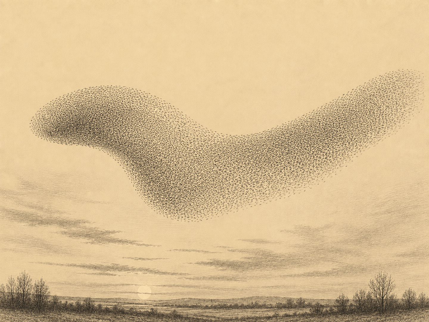 A flock of starlings drawing a coherent shape in the sky