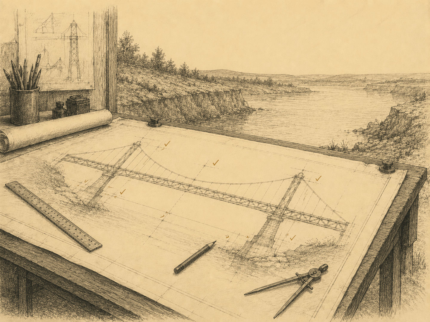 An engineer writing the requirements of a bridge before building it