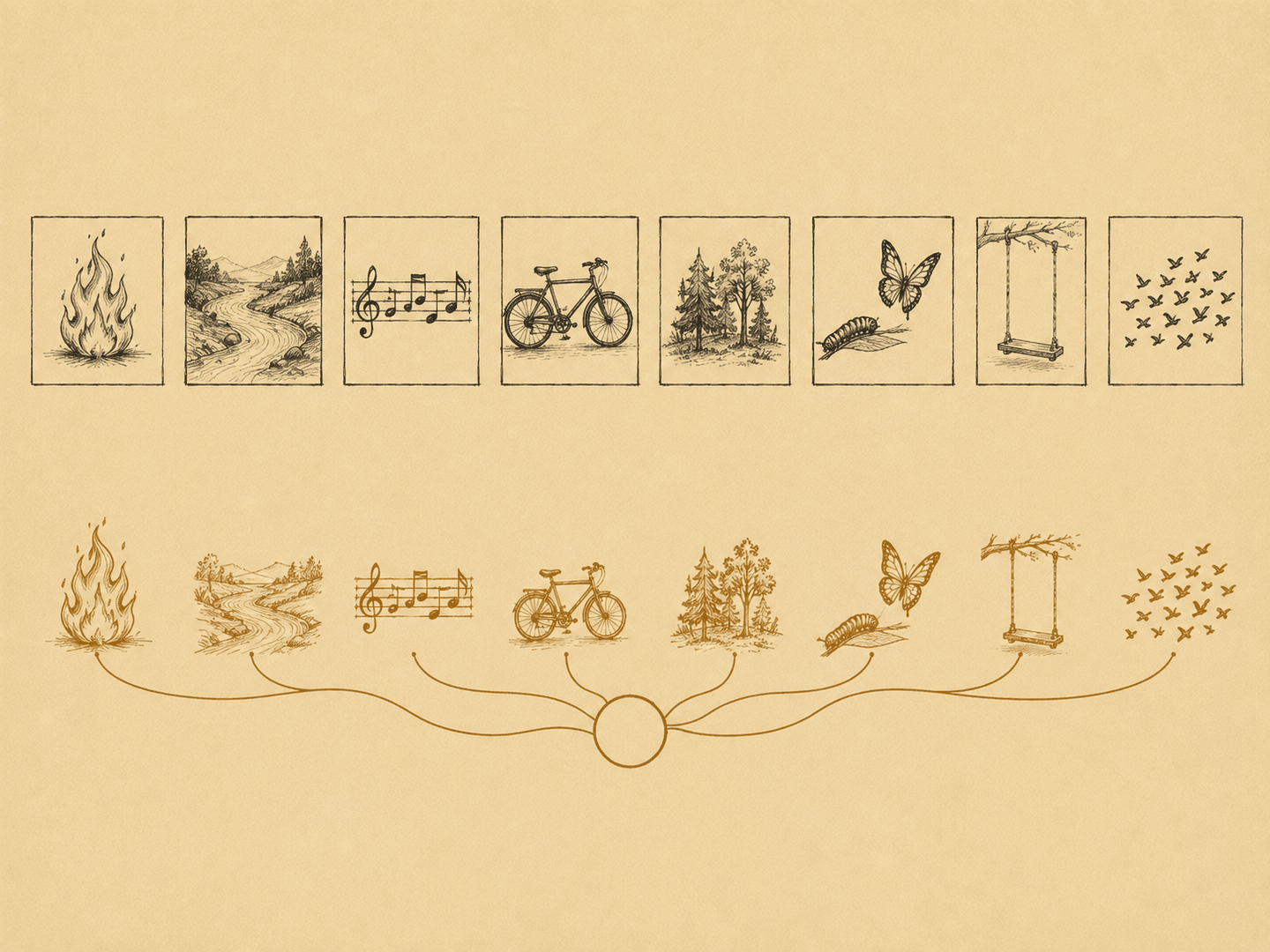 Eight loose scenes versus the same eight connected by a line with a shared question